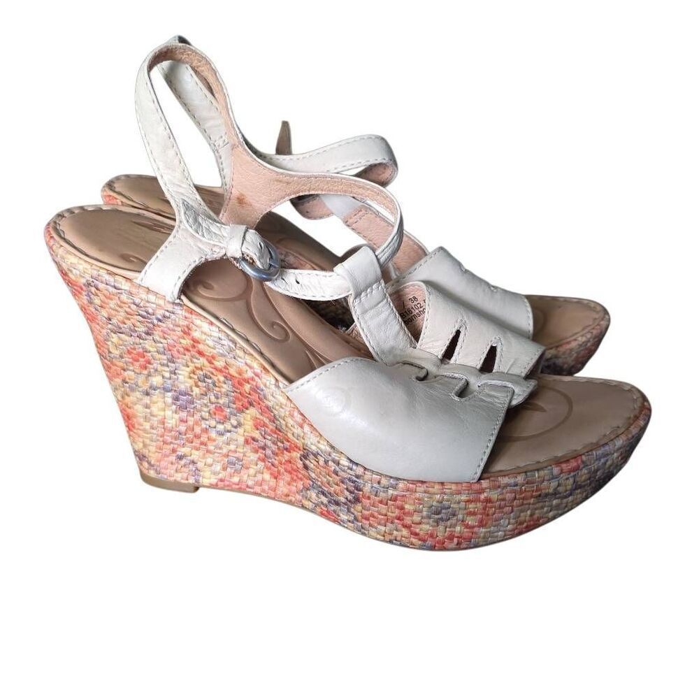 Born Women's Size 7 Cream Leather Floral Espadrille Wedge Sandals